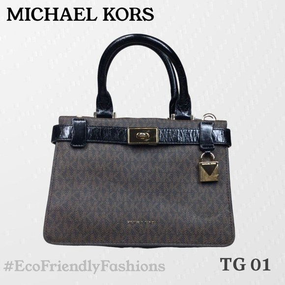 Michael Kors Brown/Black Signature Coated Canvas and Leather Mini Tatiana Tote - Picture 1 of 7